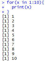 R studio for loop output