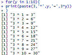 Times Table with For loop in R
